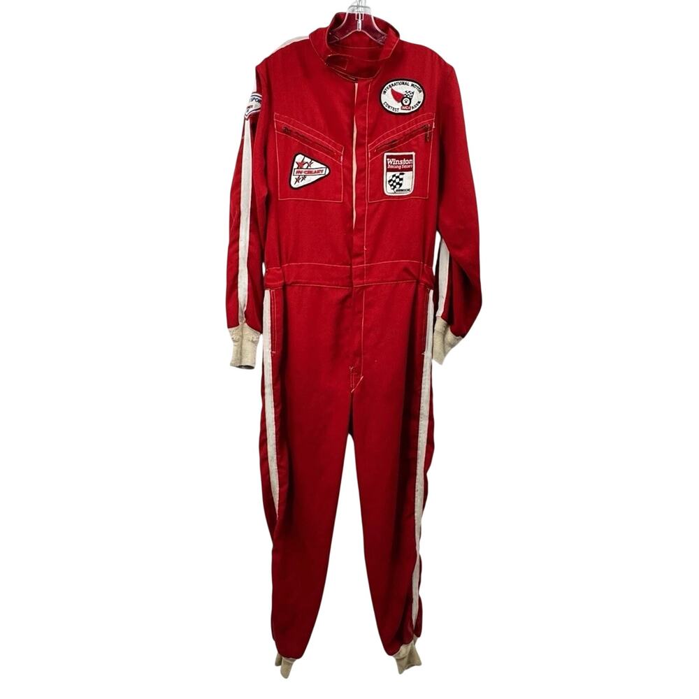 Racing Suit Coverall Knit Cuffs Racing Nos Patches Size Medium Red White Stripe